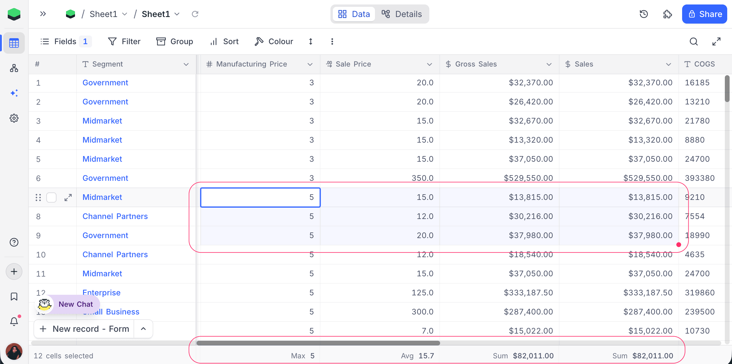 Cell range selection rescopes the footer