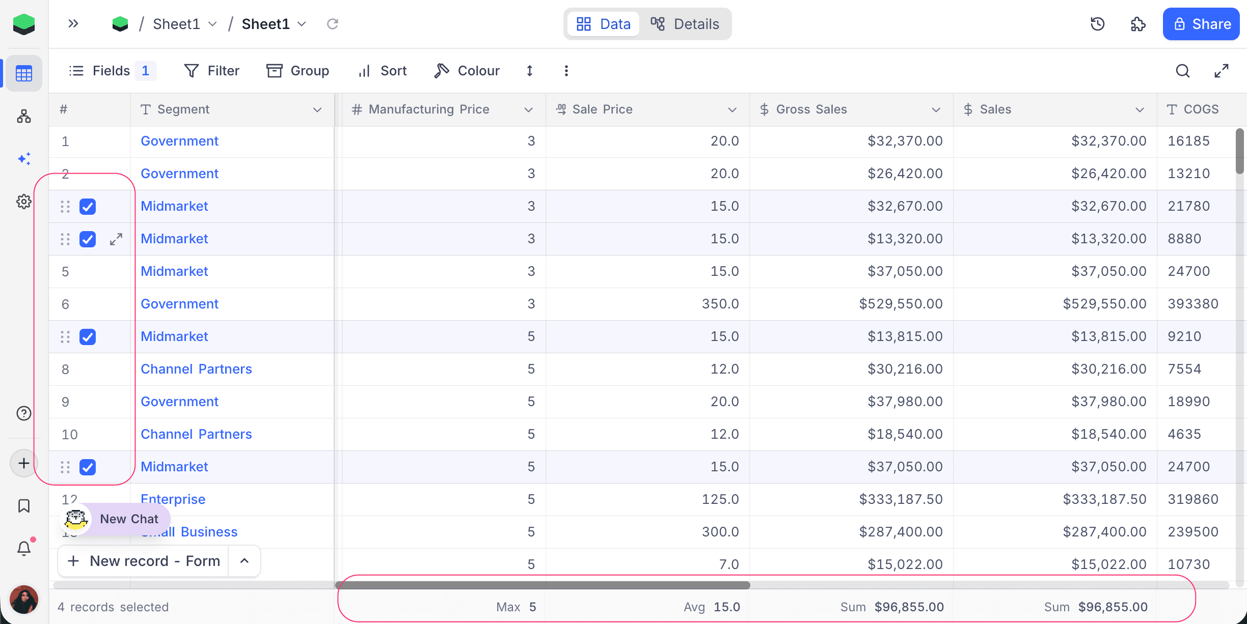 Row-checkbox selection rescopes the footer