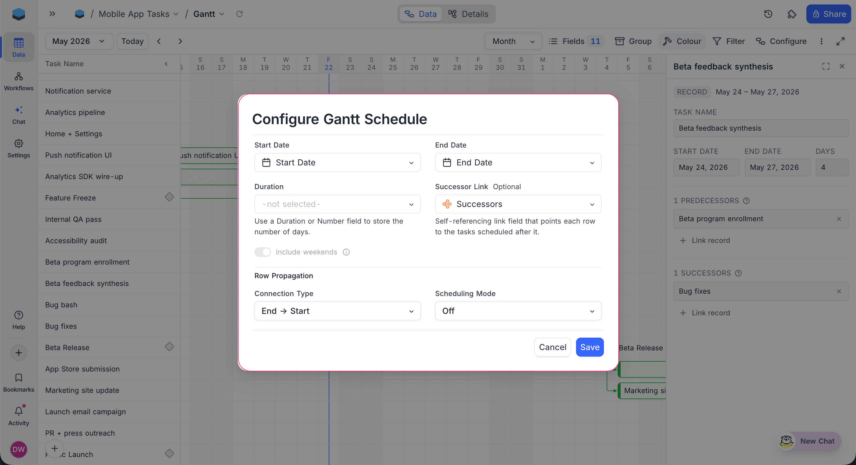 Configure Gantt Schedule dialog