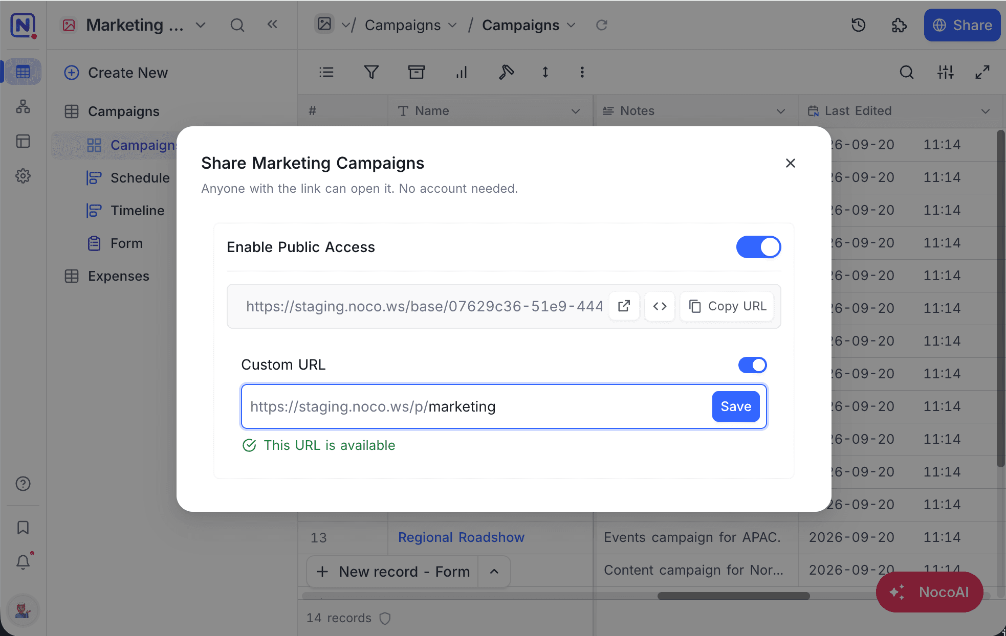 Setting a custom URL for the shared base