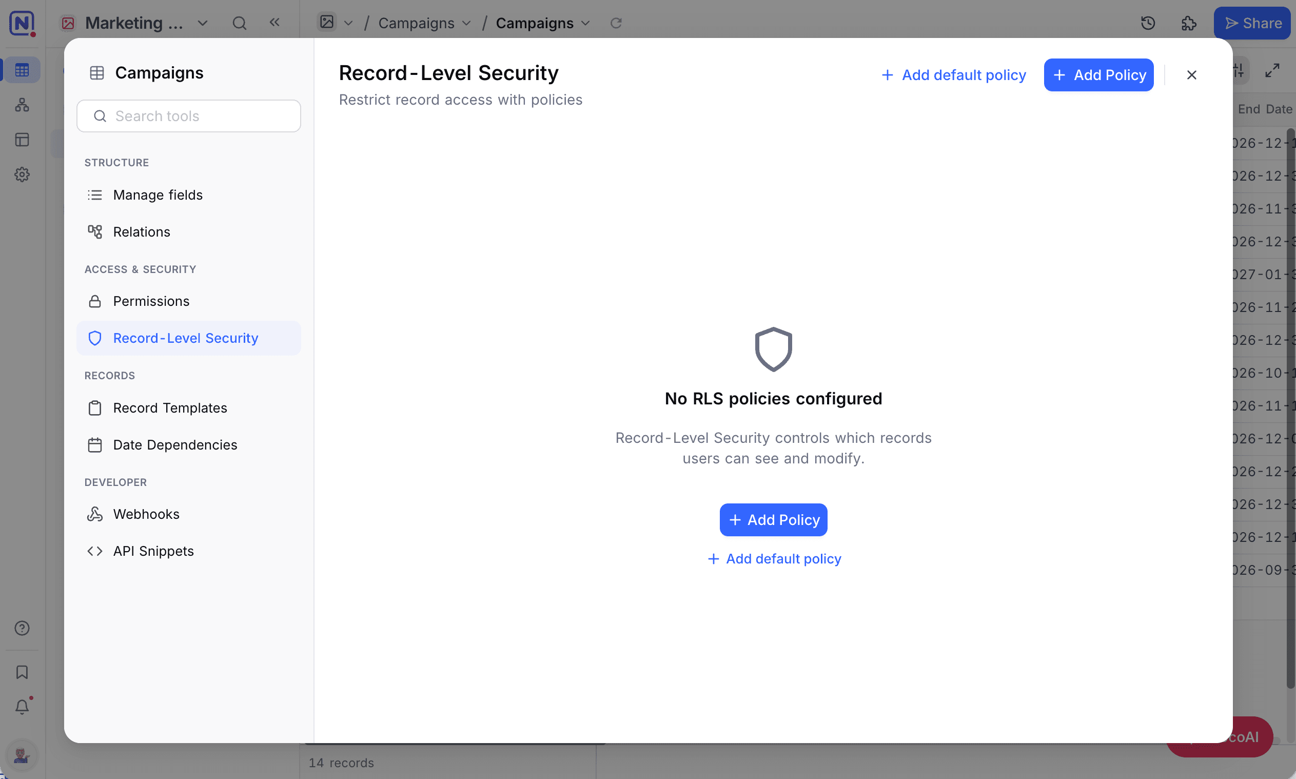 Record-Level Security in the Tools panel