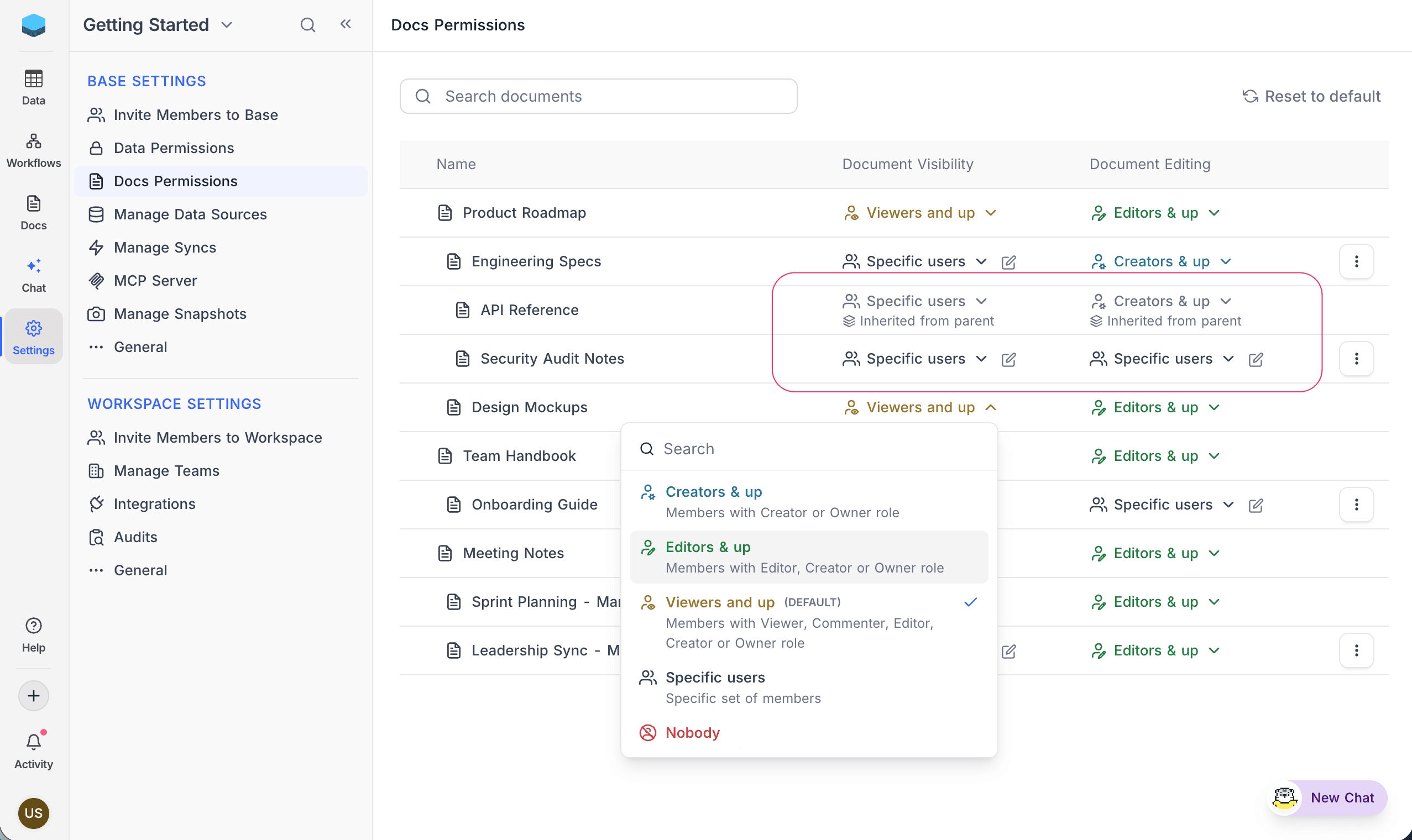 Permissions management page showing inherited and explicit permissions