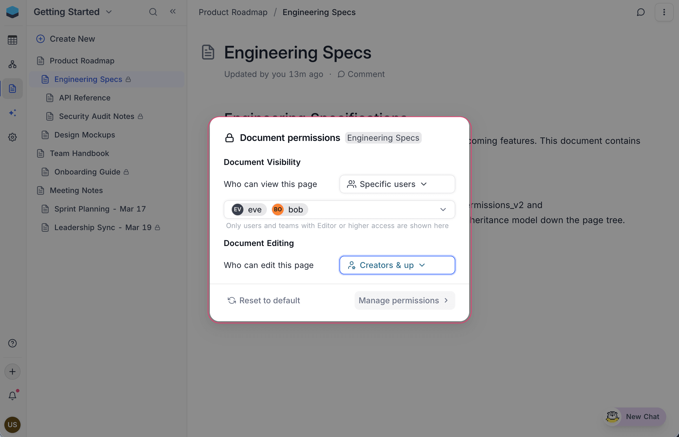 Document permissions dialog showing visibility and editing settings