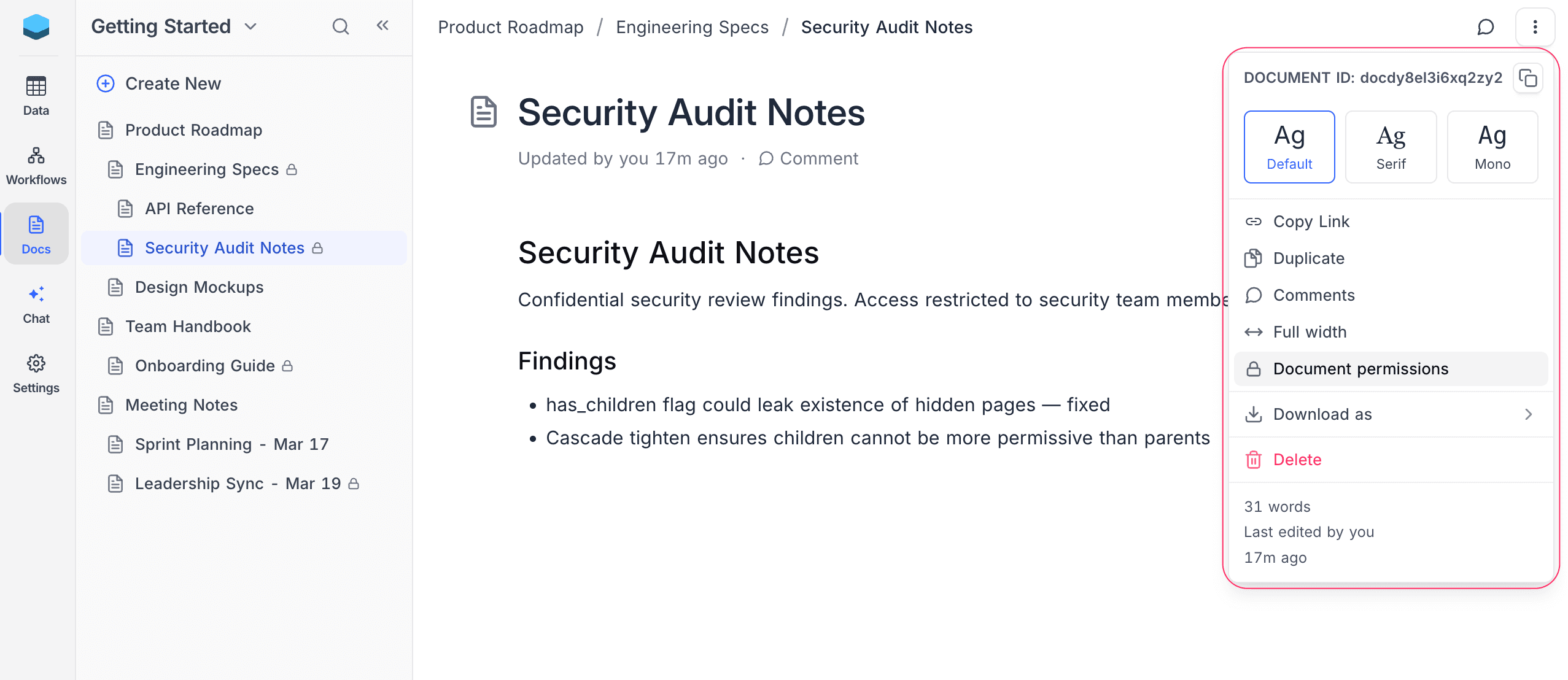 Document permissions in sidebar context menu