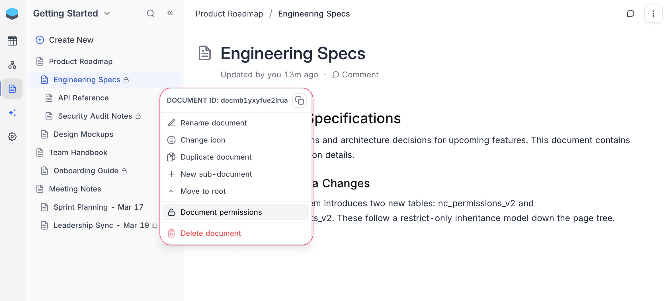 Document permissions option in the toolbar menu