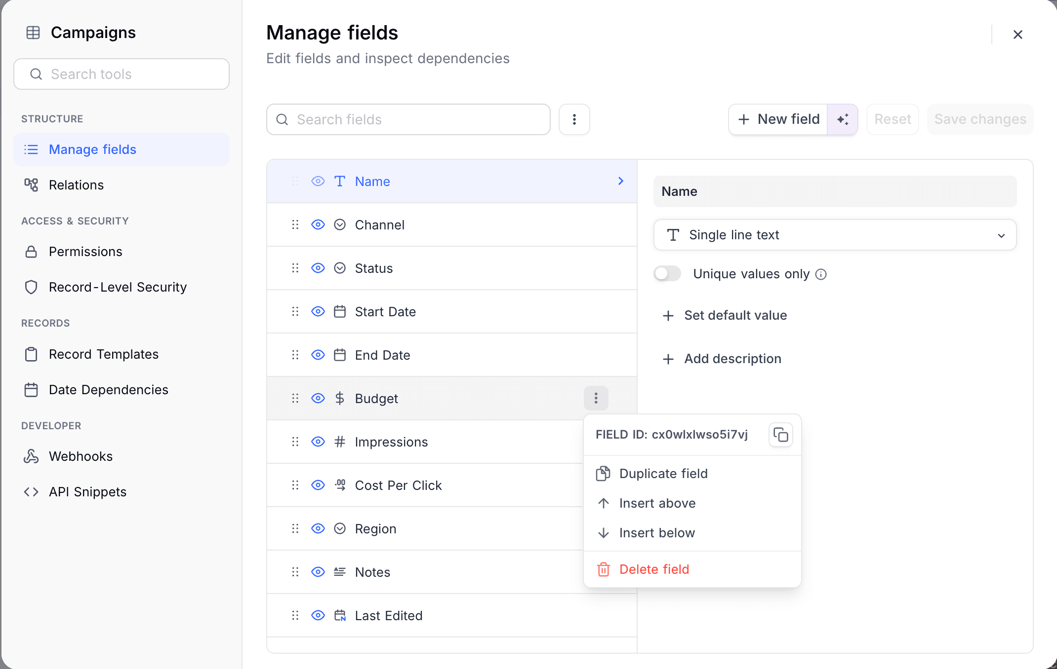 Field ID in the Manage fields tool