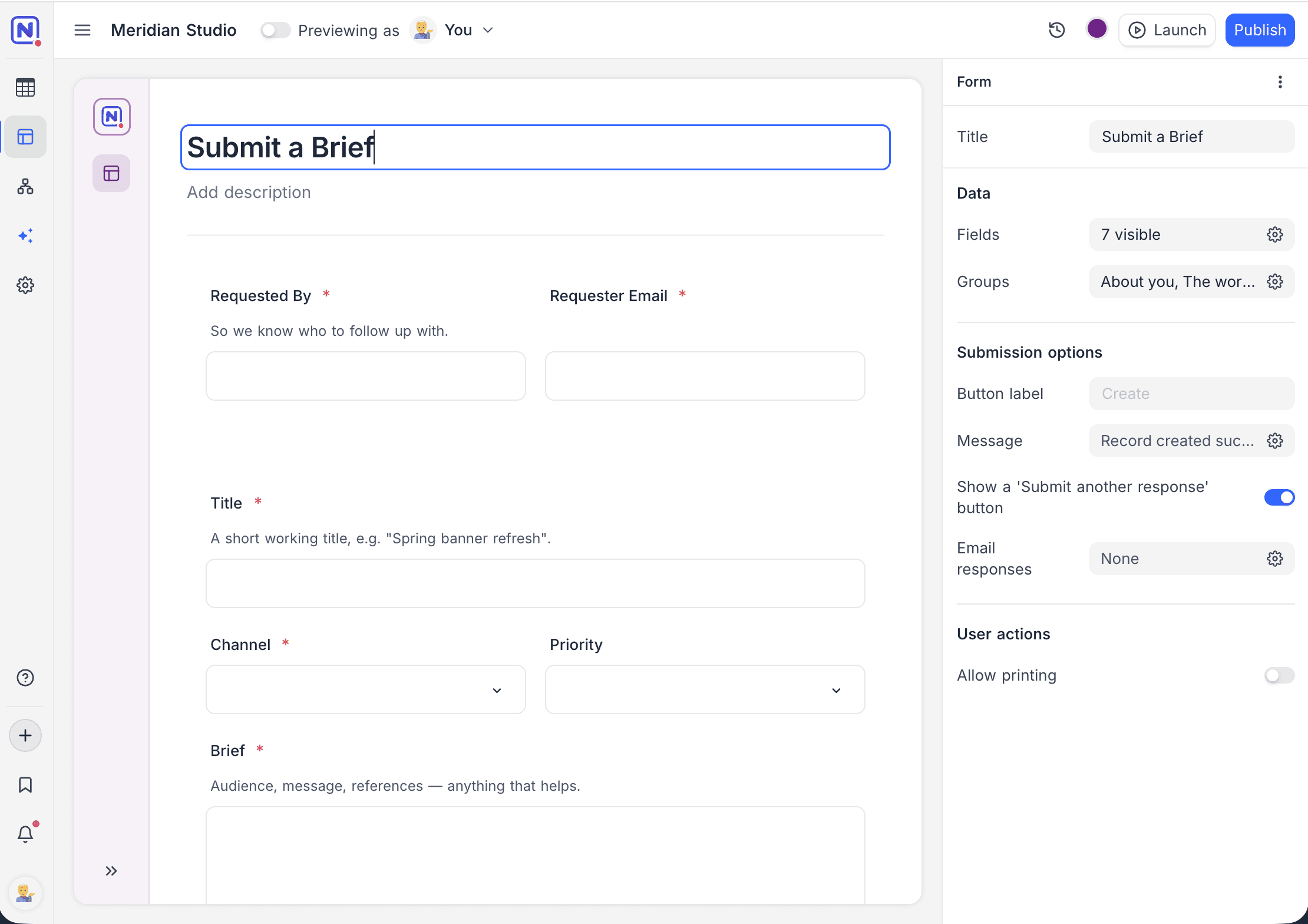 Form page in the builder