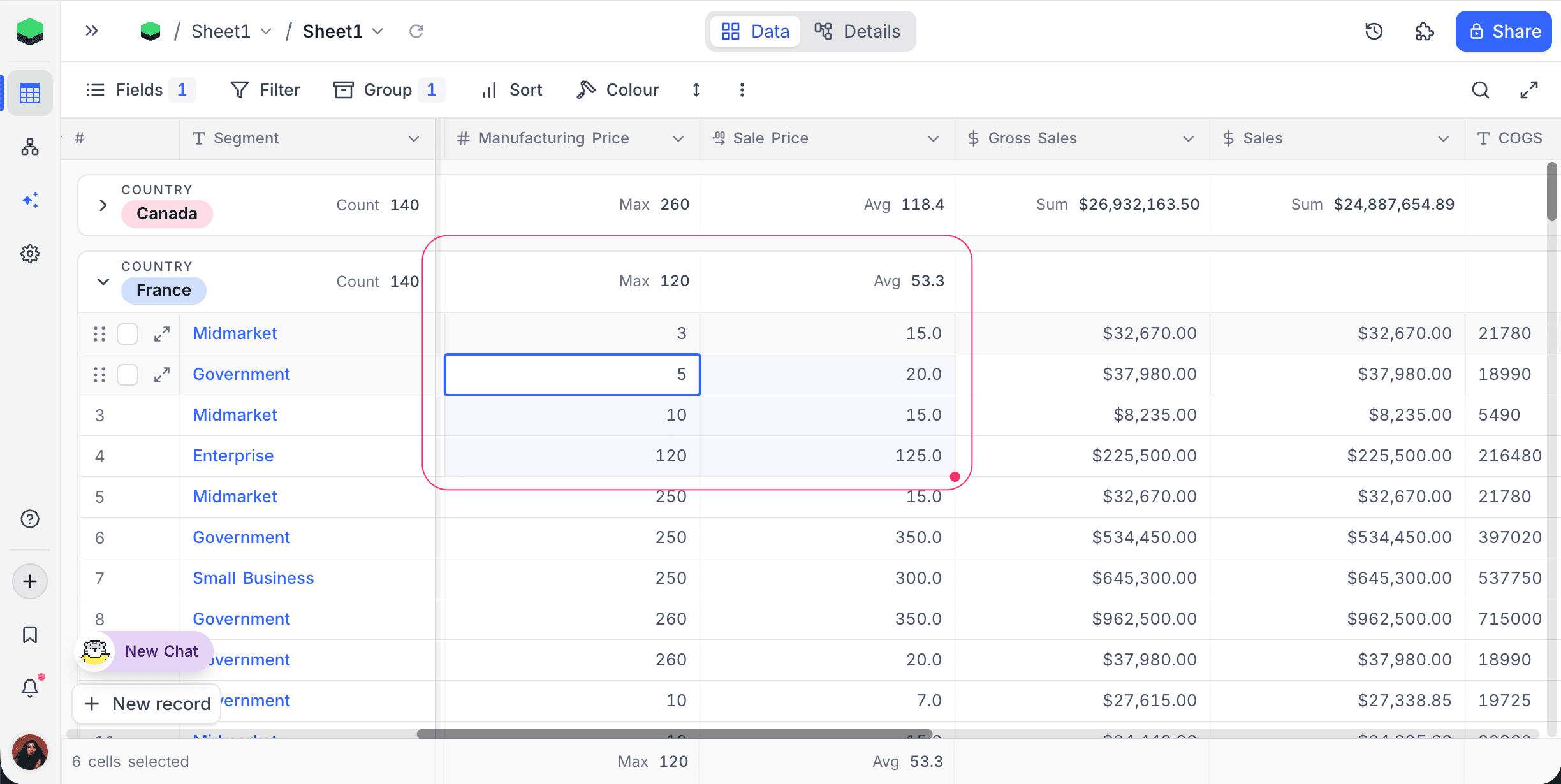 Group-by view: only the active group's header rescopes