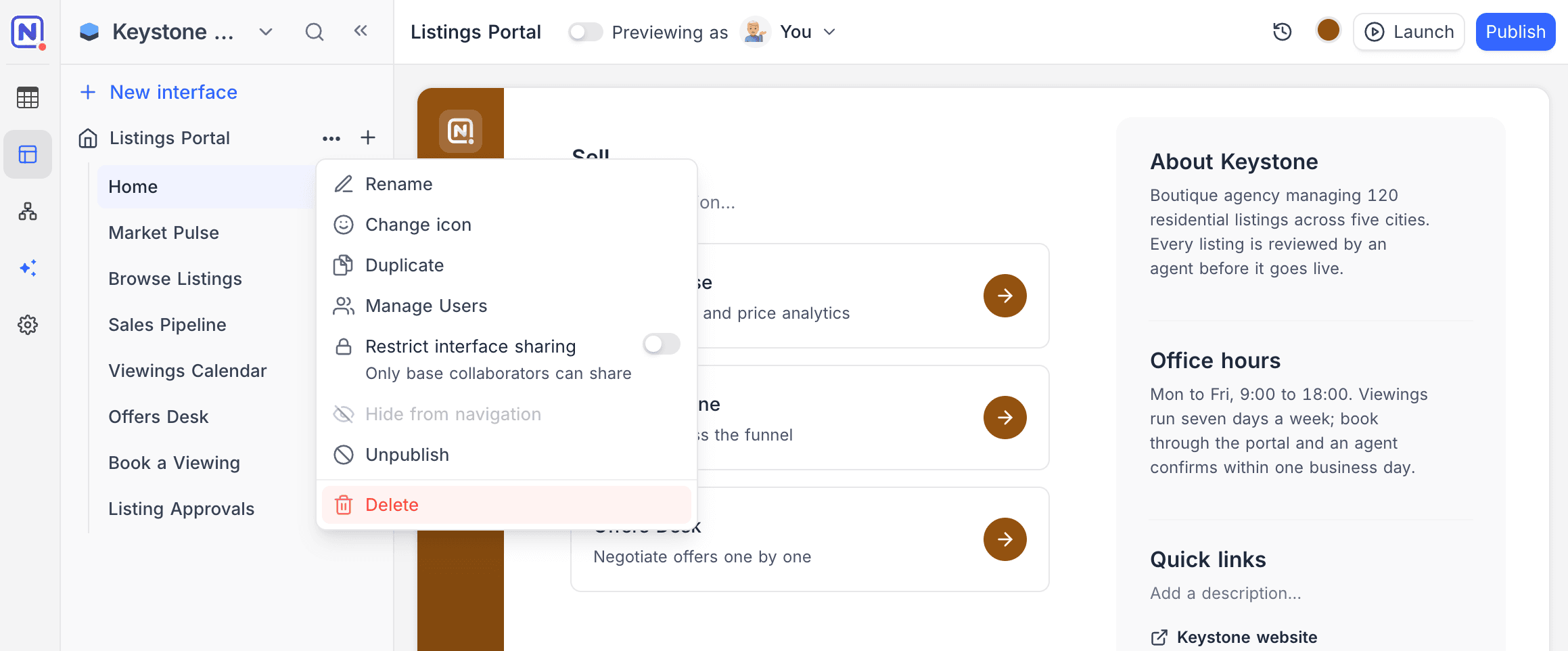 Interface context menu