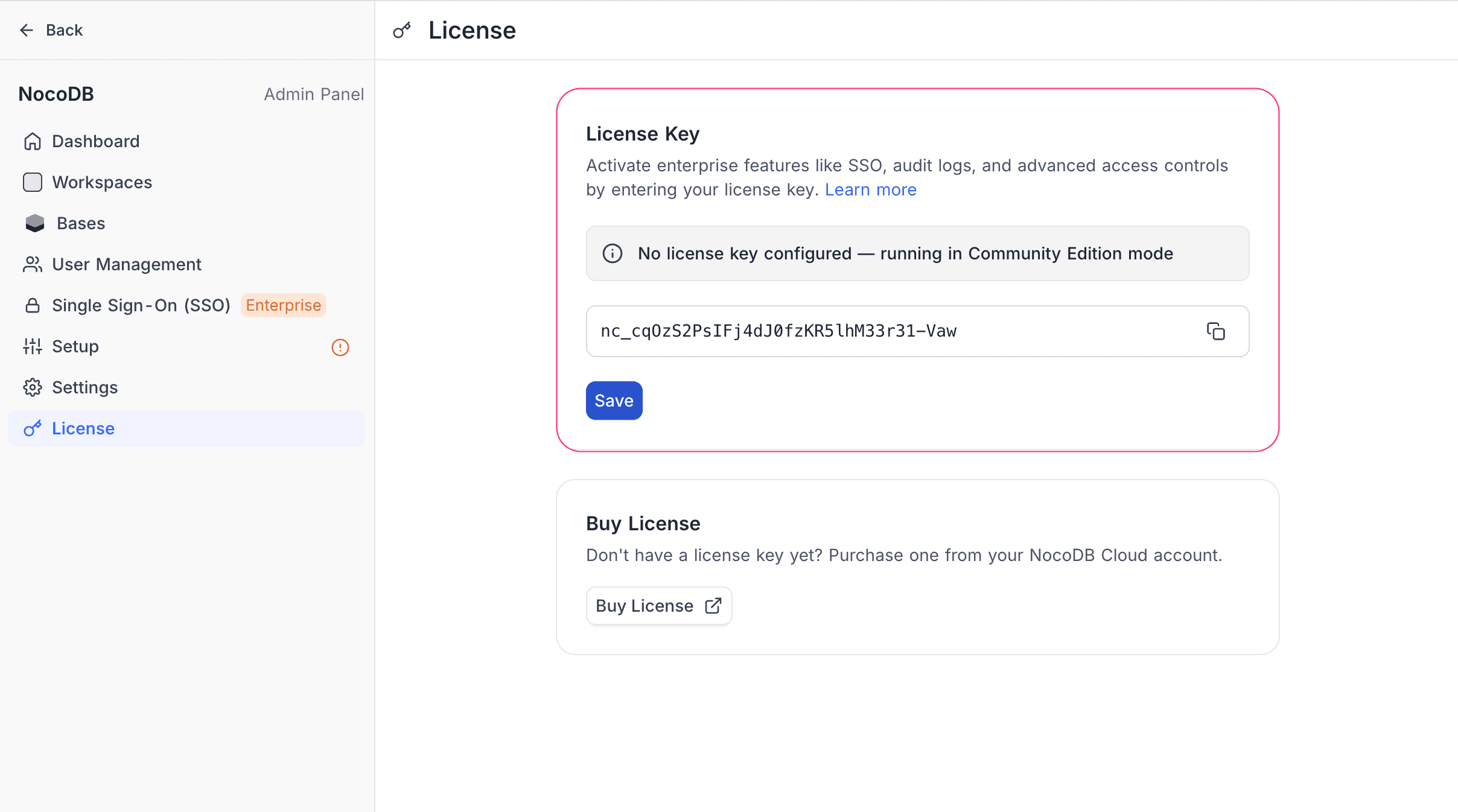 License page — key entered