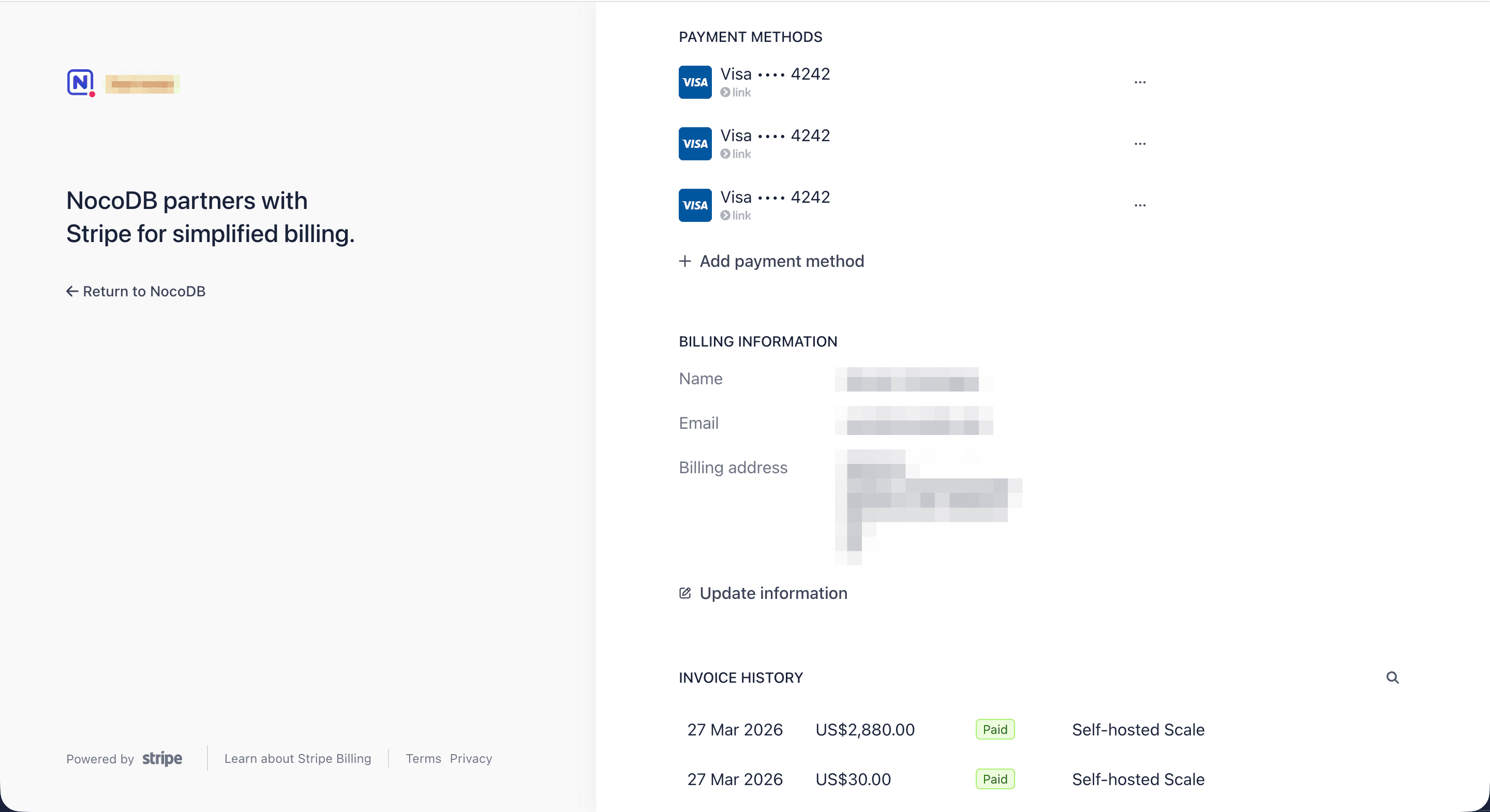 Manage billing — payment methods and invoices