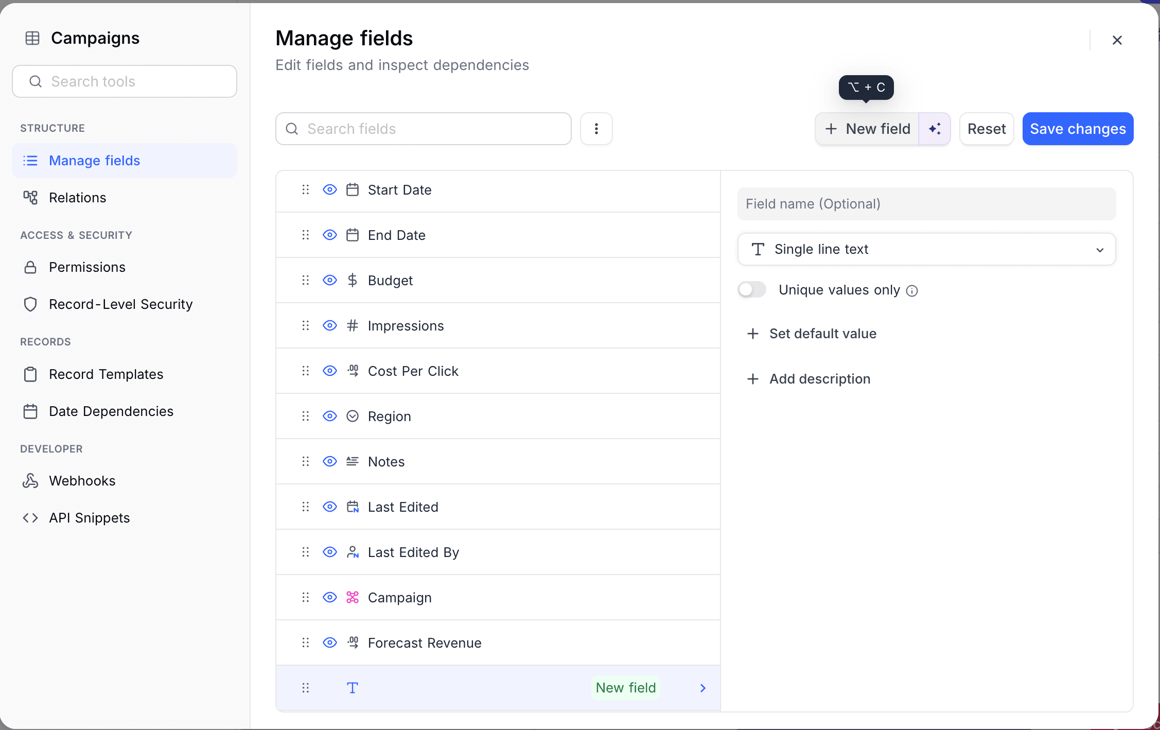 Adding a field in the multi-field editor