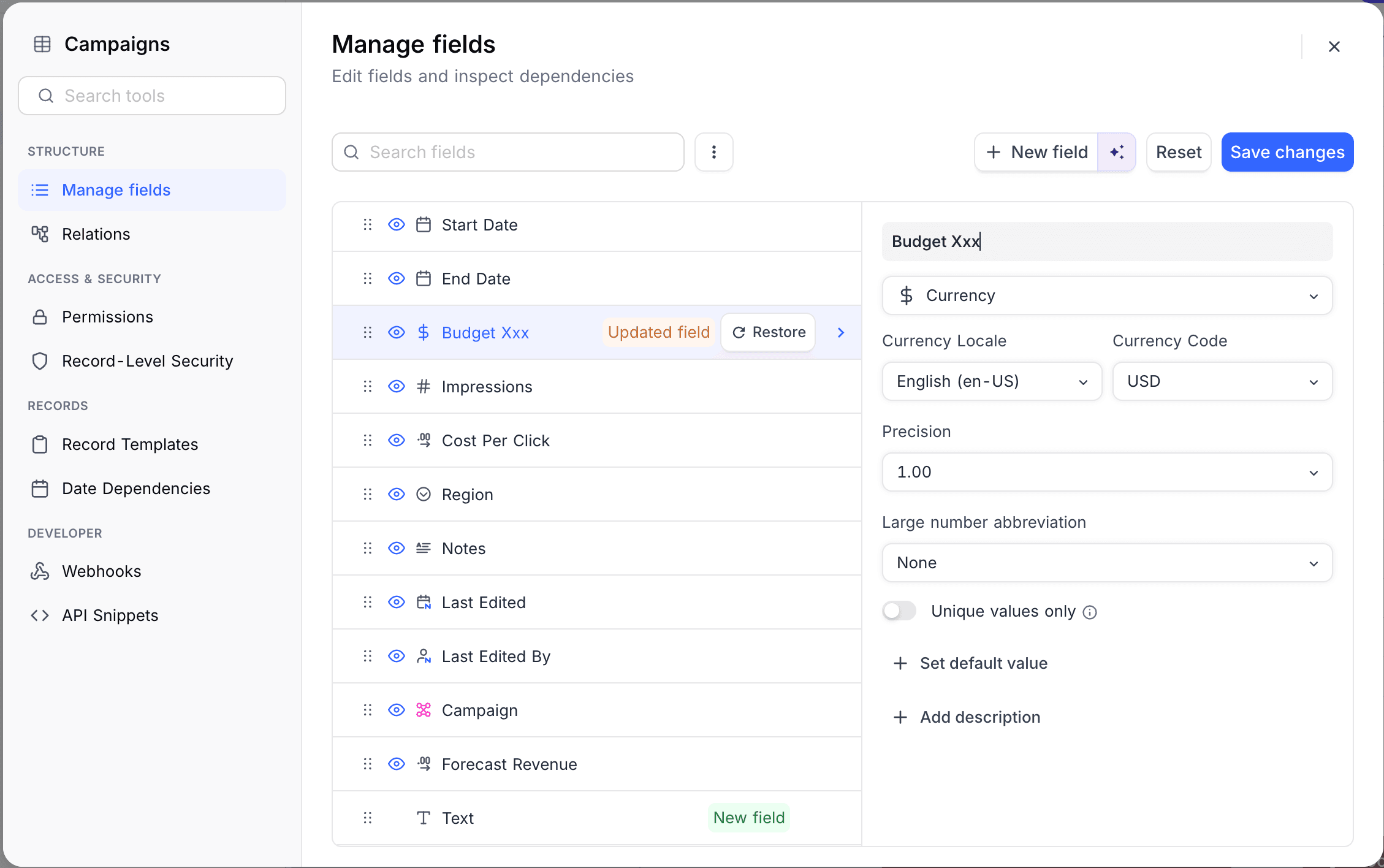 Editing a field in the multi-field editor