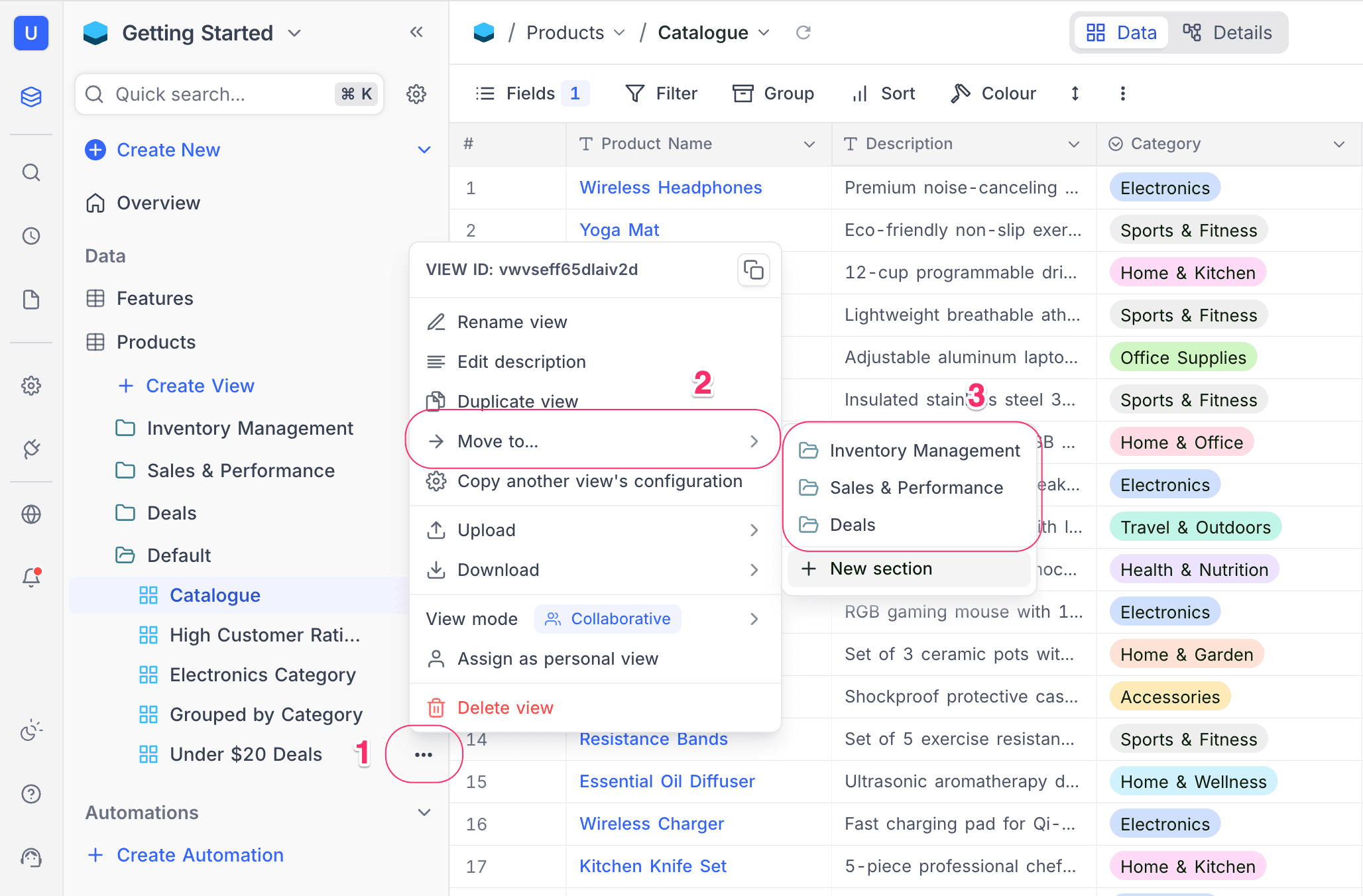 Move view to section