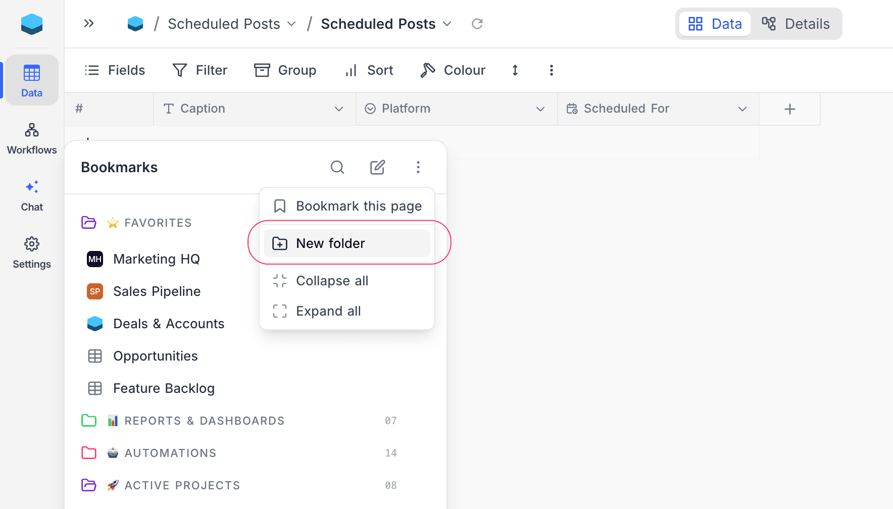 New folder option in the + menu