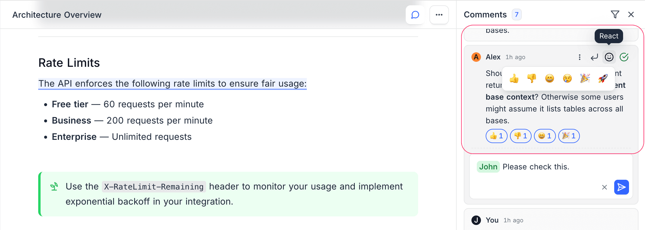 Emoji reactions on a comment