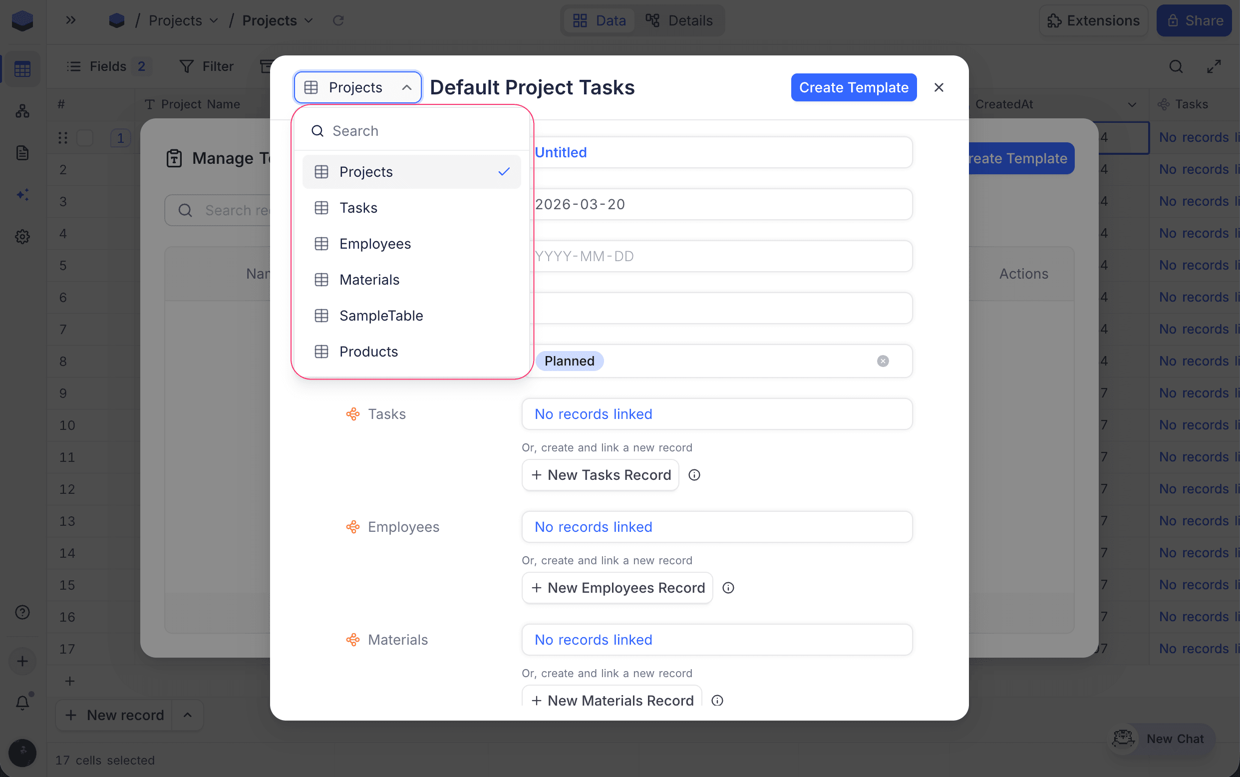 Select table for template