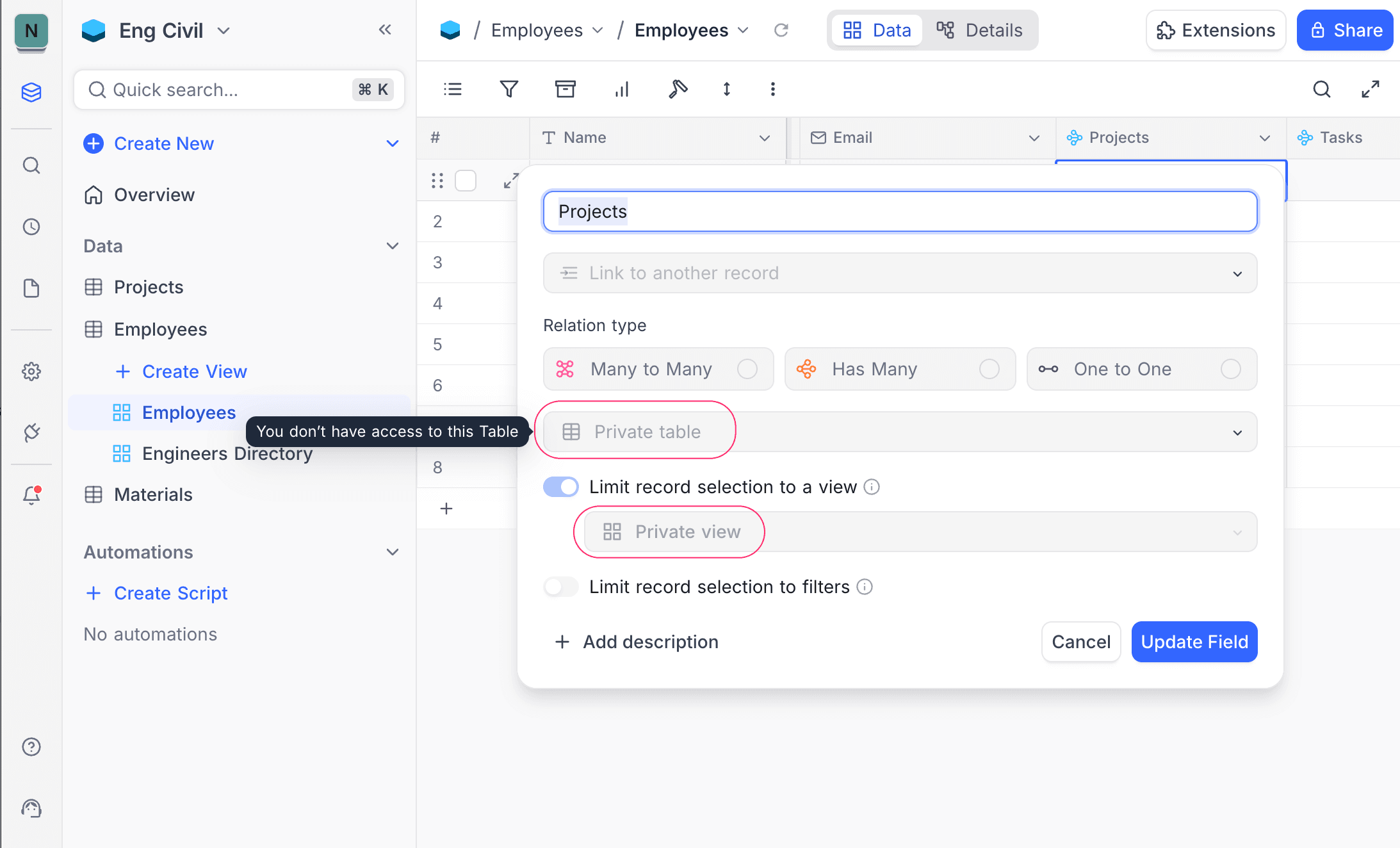 Relational field visibility