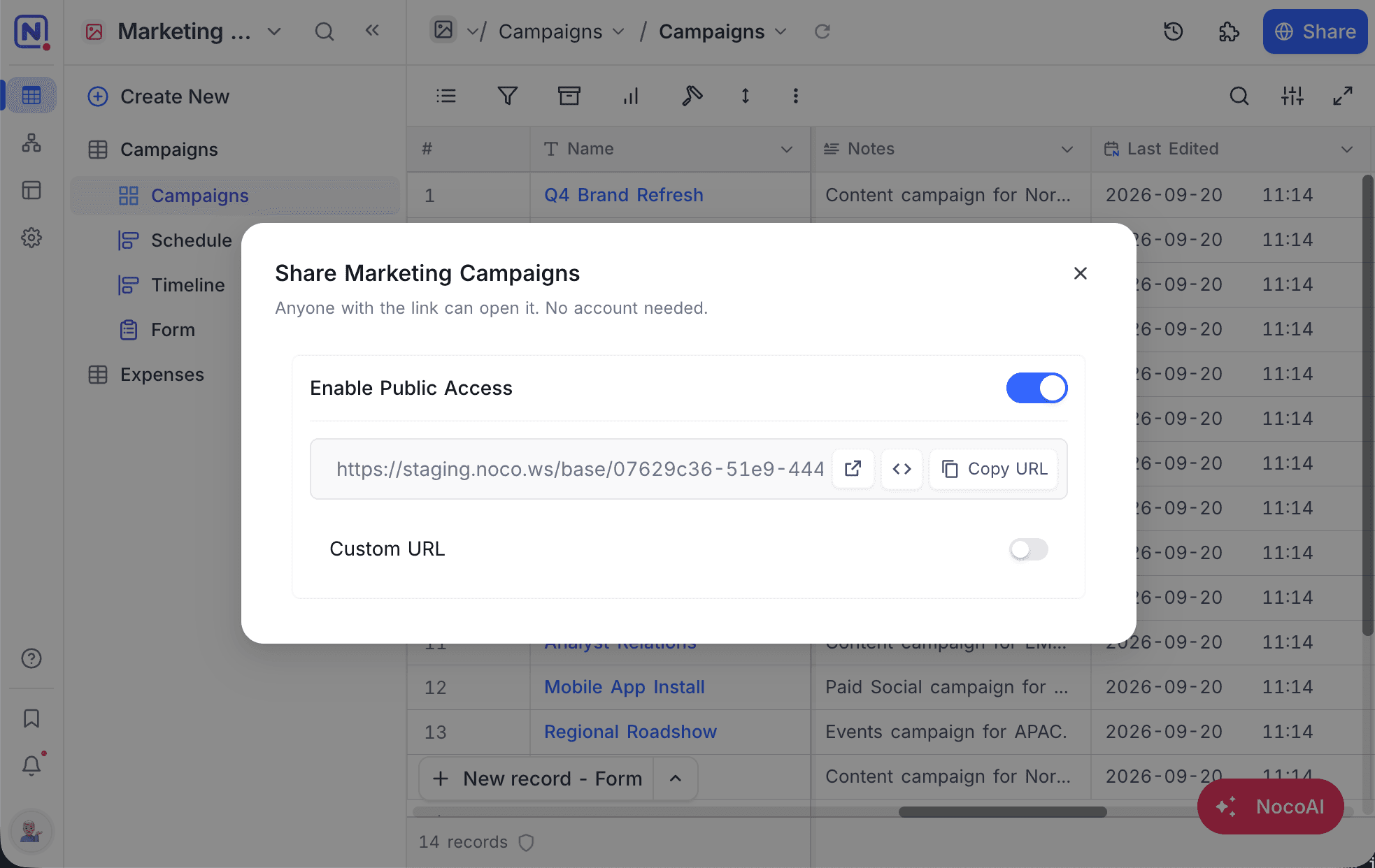 Public access enabled, with the shareable link