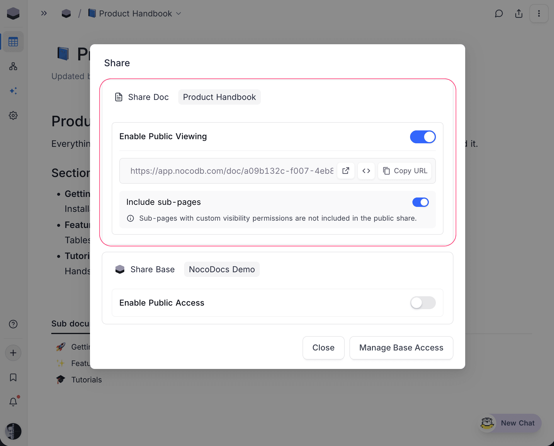 Share dialog with Enable Public Viewing toggle, public URL, and Include sub-pages option