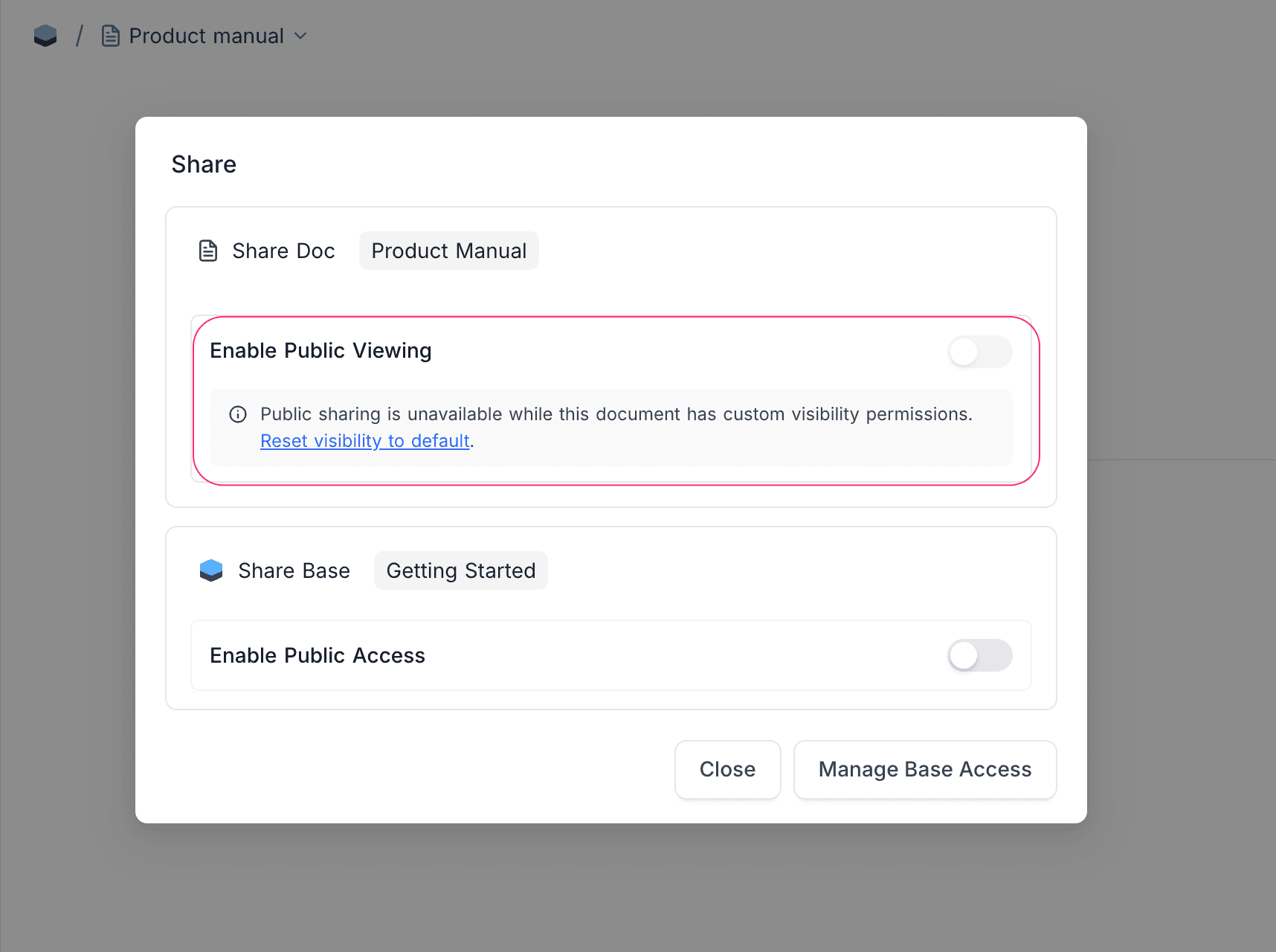Share dialog with Enable Public Viewing disabled and an inline notice about custom visibility permissions