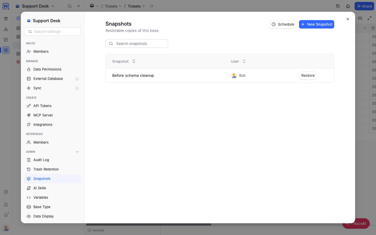 The Snapshots pane under Base Settings → Admin