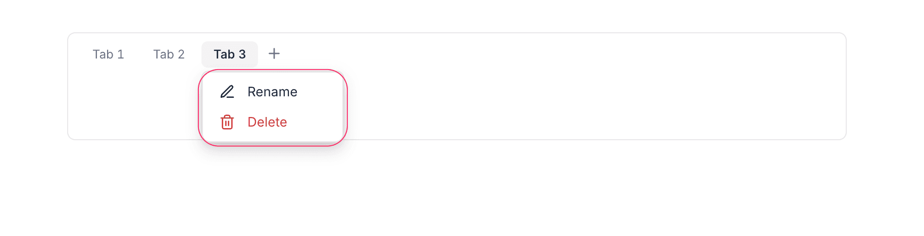 Tab dropdown menu with Rename and Delete options