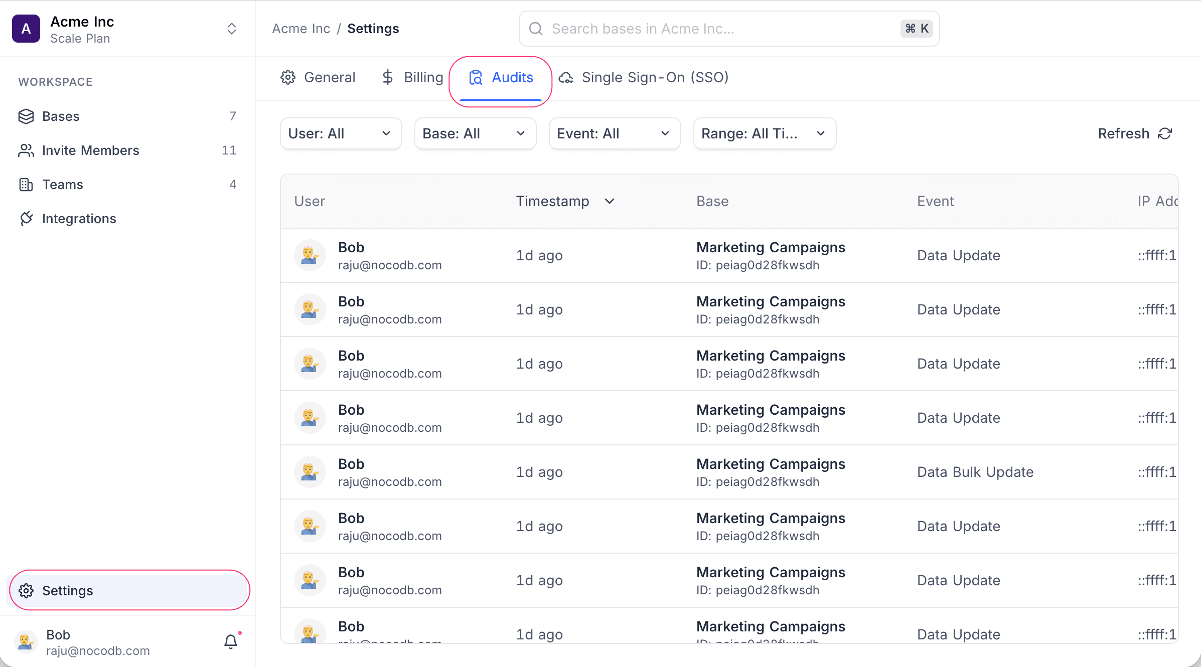 The Audits tab under workspace Settings